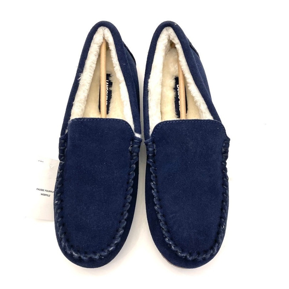 Lands‎ End Suede Moccasin Slippers Blue Faux Fur Lined Womens 8 Rubber Bottoms
